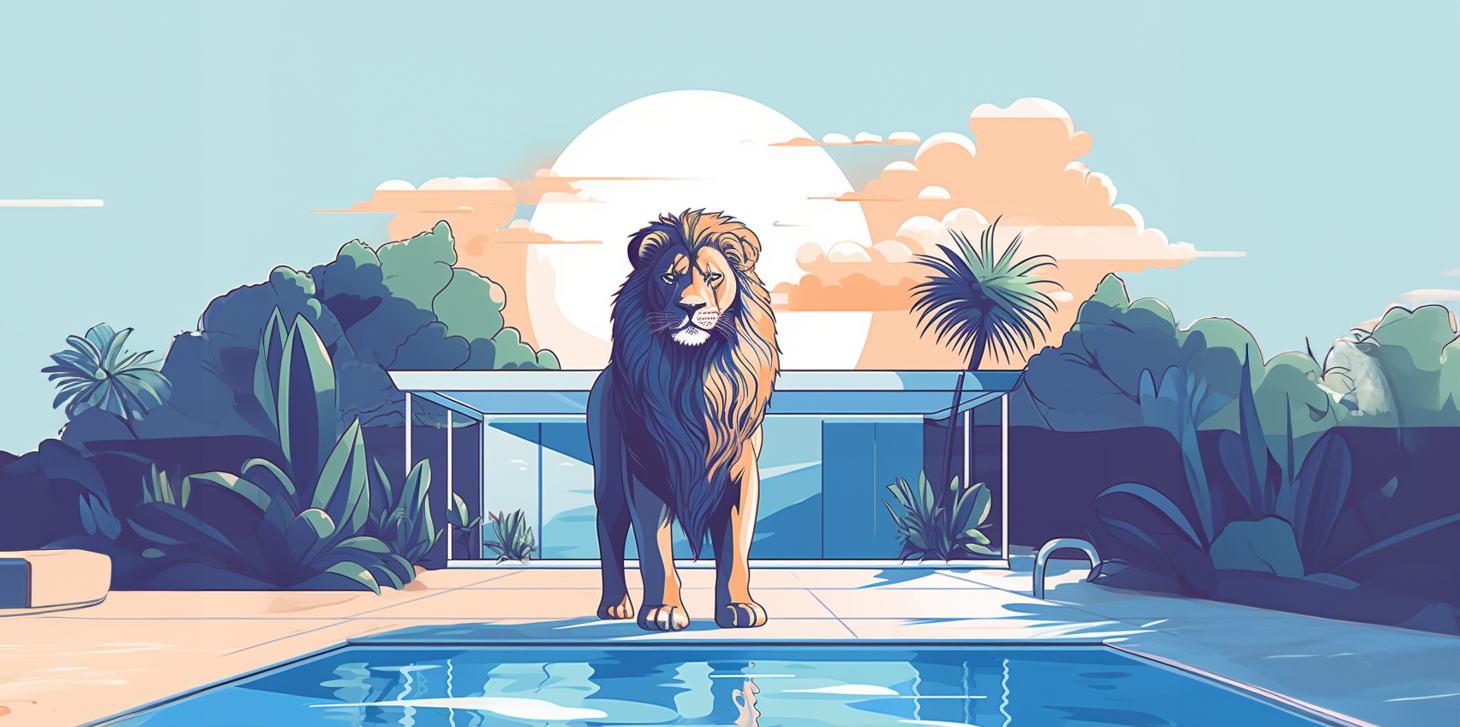 Lion standing over a pool